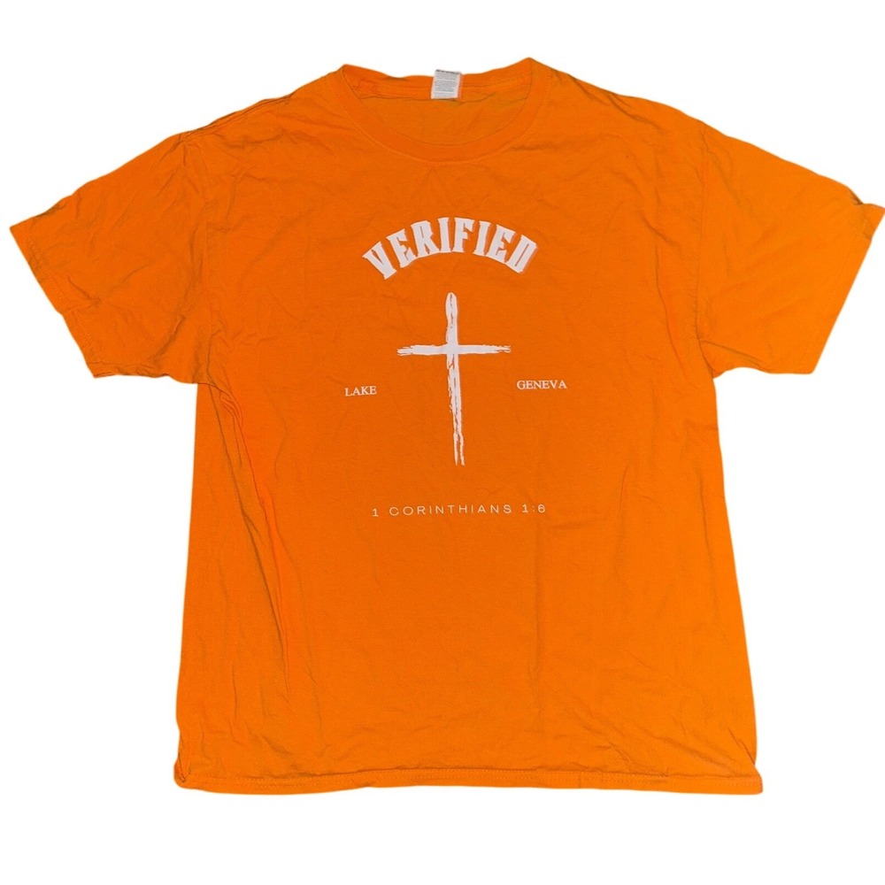 Fruit of the Loom Verified Lake Geneva 1 Corinthians‎ 1:6 Orange Graphic Tee L